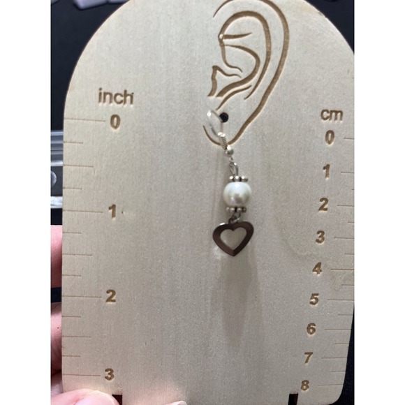 Earrings Heart Silver Tone White Bead Drop Hook Handmade Cottage Love Boho Chic - Picture 9 of 11